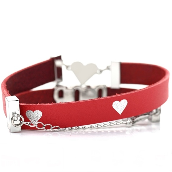 DIOR BRACELET Heart Double Wrap Calfskin Leather Red & Silver NEW in BOX - Picture 7 of 8
